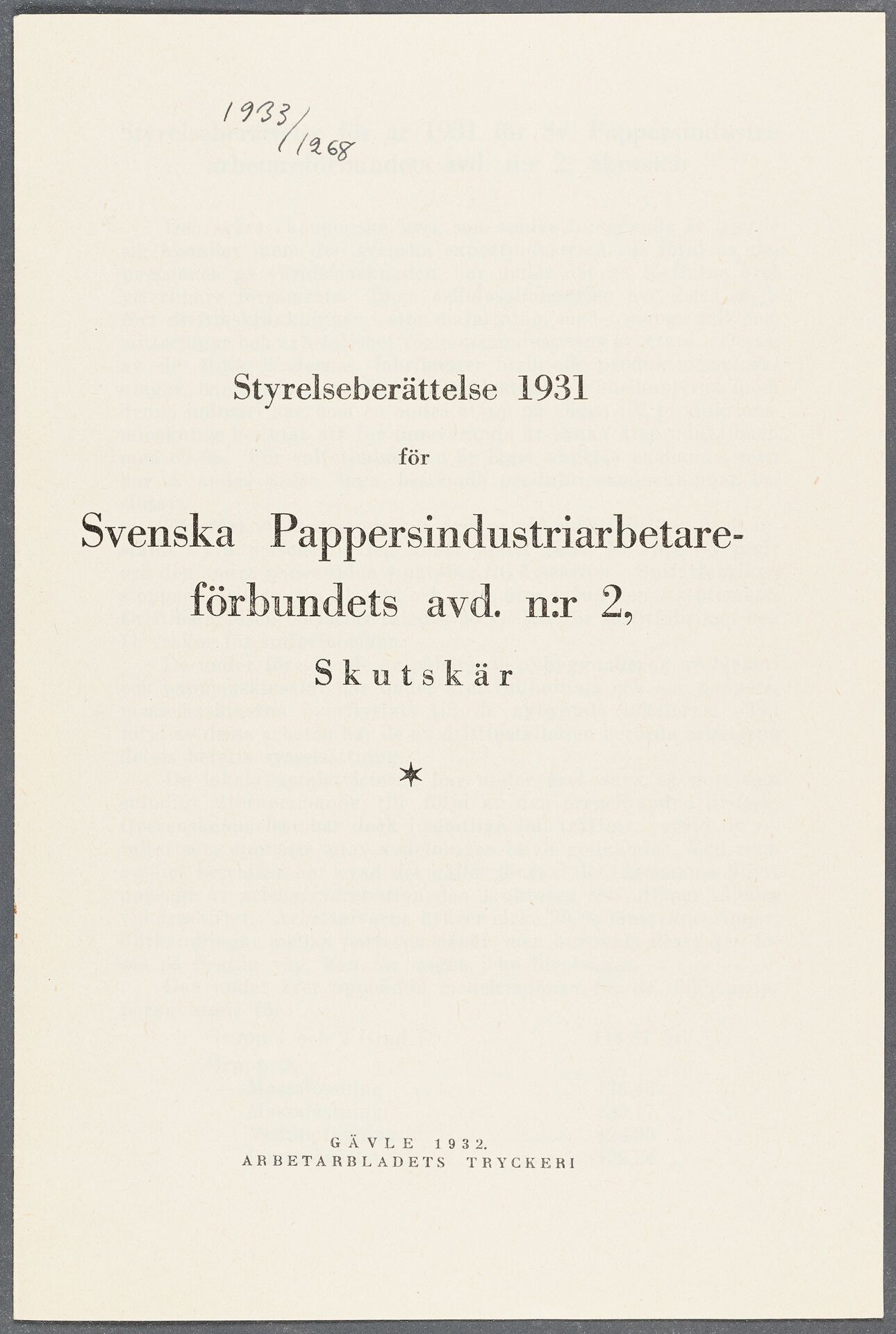 Pappersindustriarbetareförbundet avd 002 Skutskär - annual report (1931)