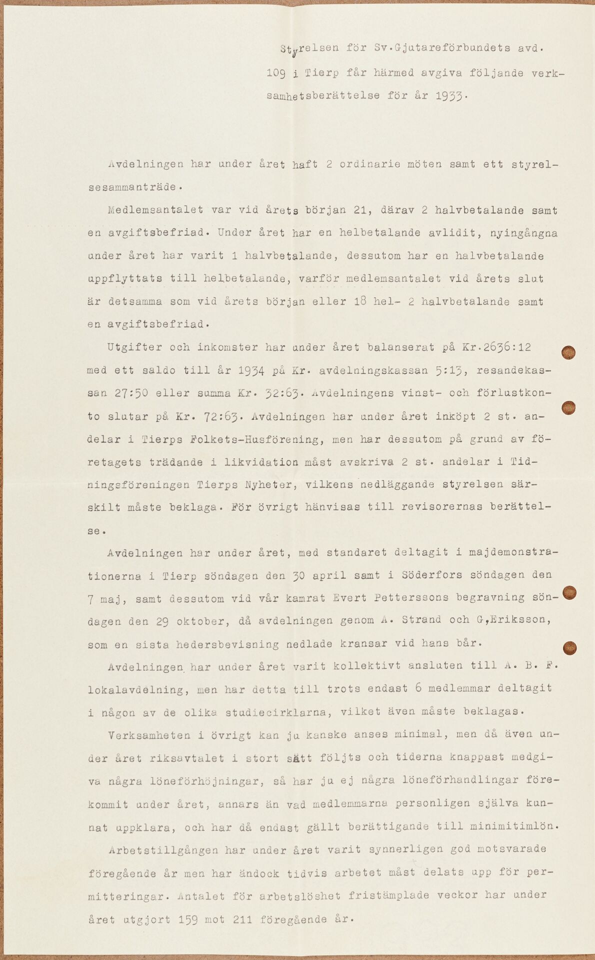 Gjutareförbundet avd 109 Tierp - annual report (1933)
