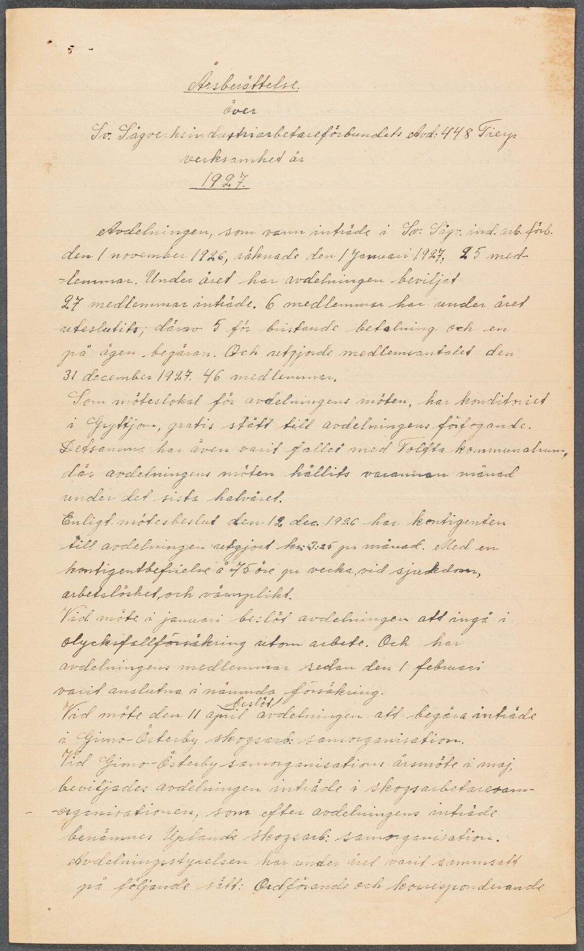 Sågverksindustriarbetareförbundet avd 448 Tierp - annual report (1927)