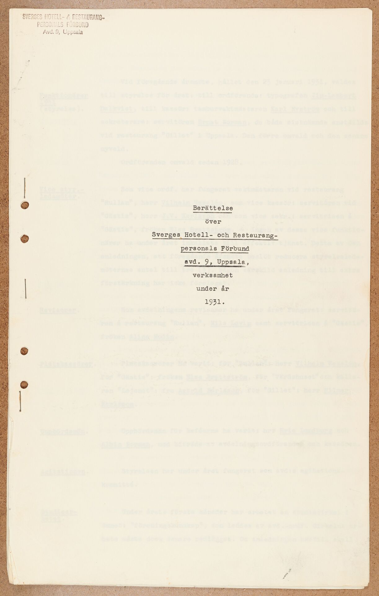 Hotell- och Restauranganställdas förbund avd 9 Uppsala sektion 9 Uppsala - annual report (1931)