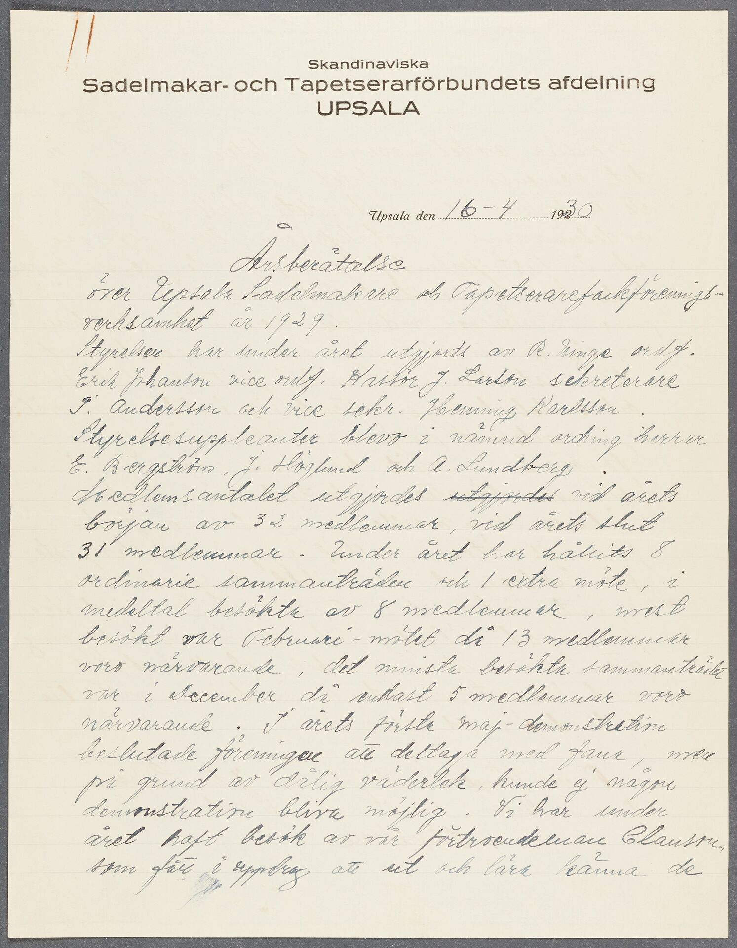 Sadelmakare- och Tapetserareförbundet avd 007 Uppsala - annual report (1929)