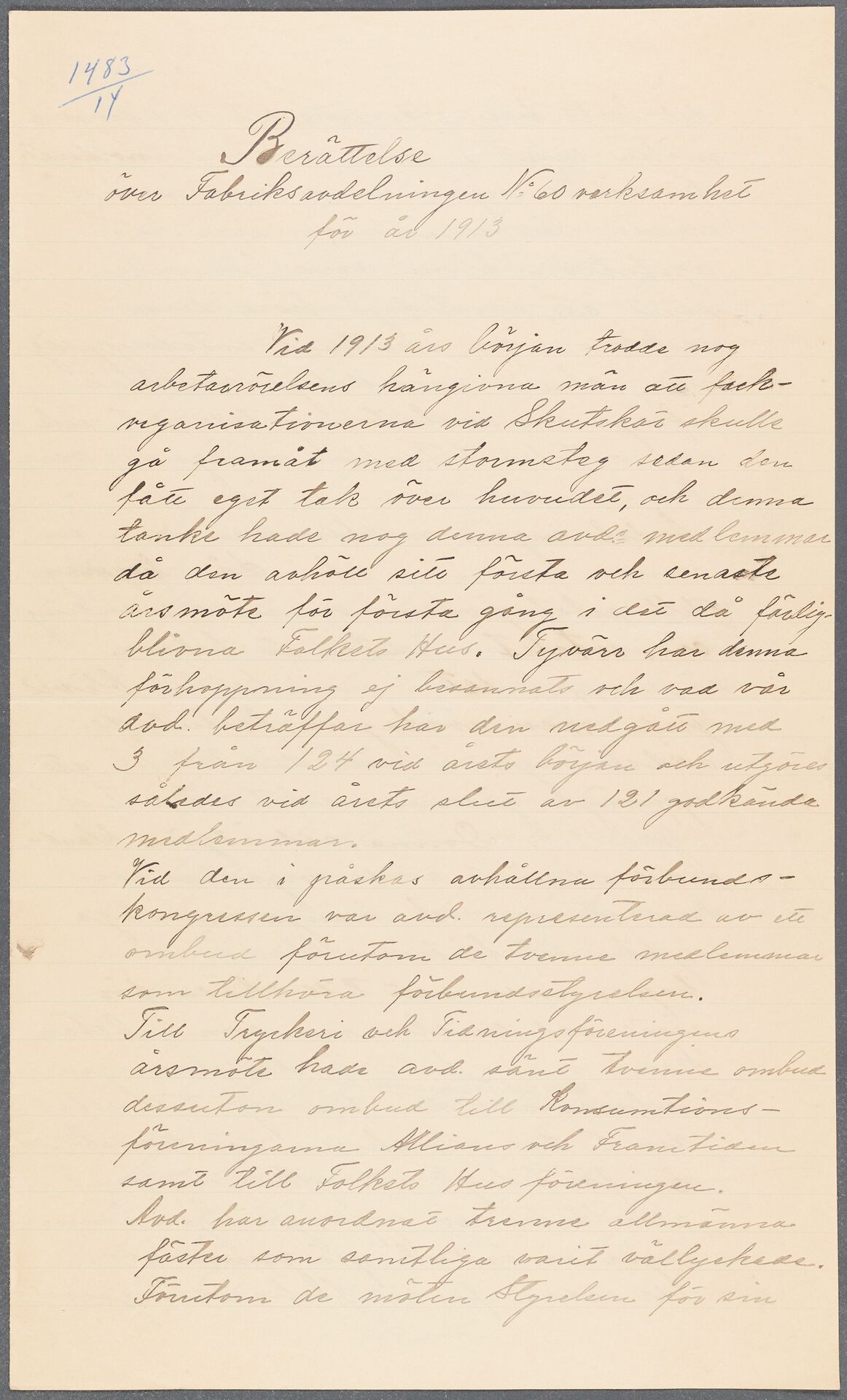 Pappersindustriarbetareförbundet avd 002 Skutskär - annual report (1913)