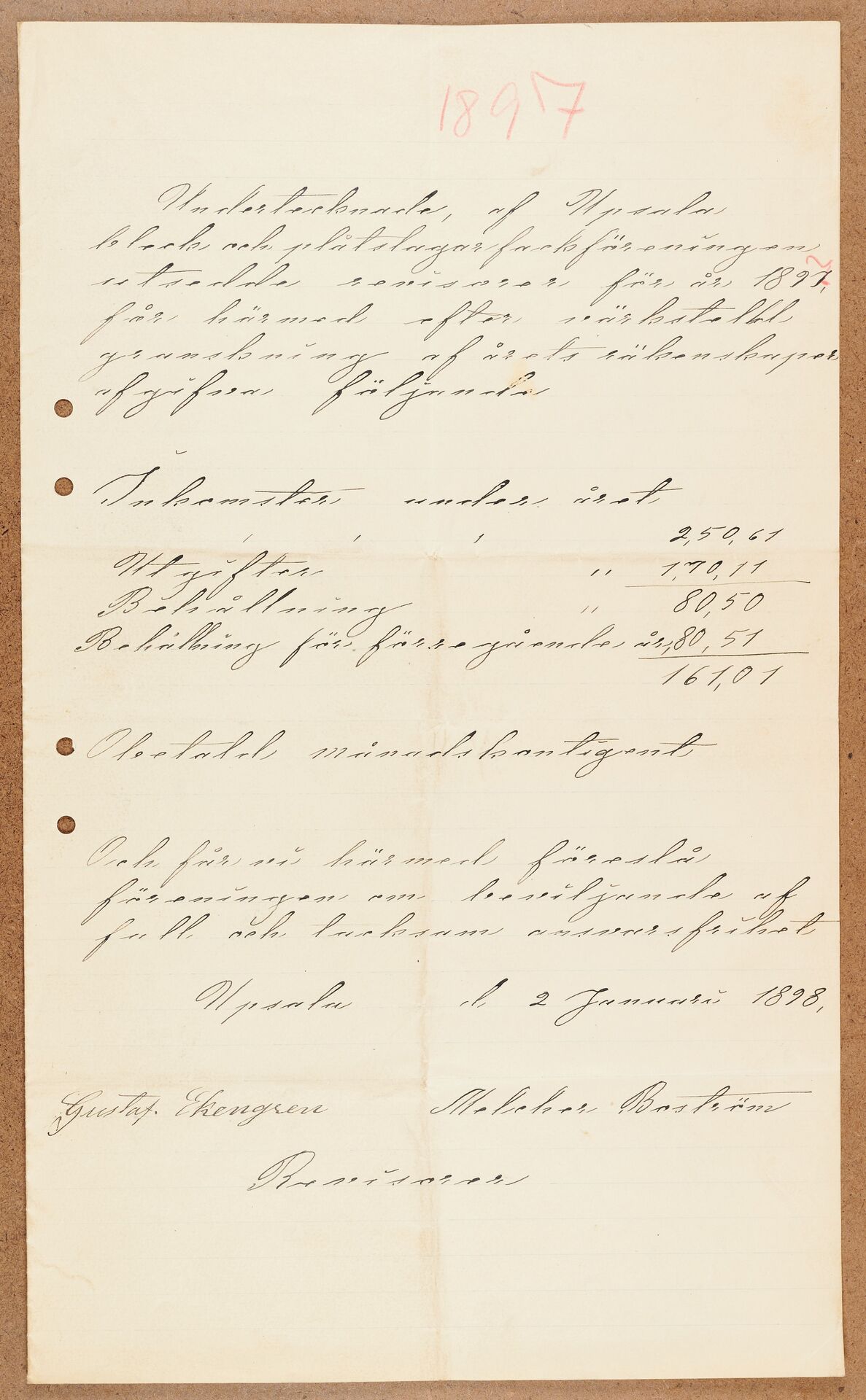 Bleck- och Plåtslagareförbundet avd 011 Uppsala - financial statement (1897)