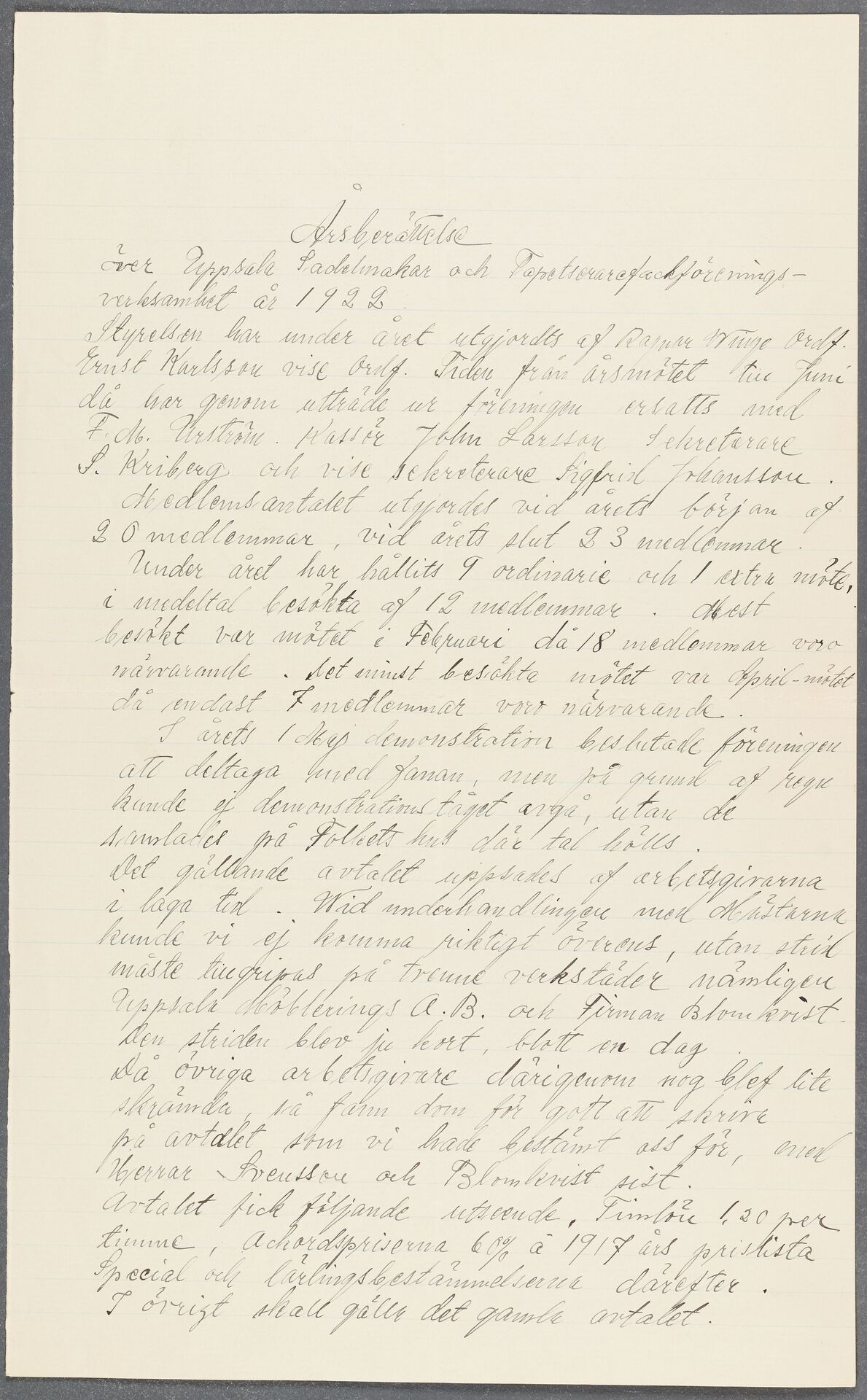 Sadelmakare- och Tapetserareförbundet avd 007 Uppsala - annual report (1922)