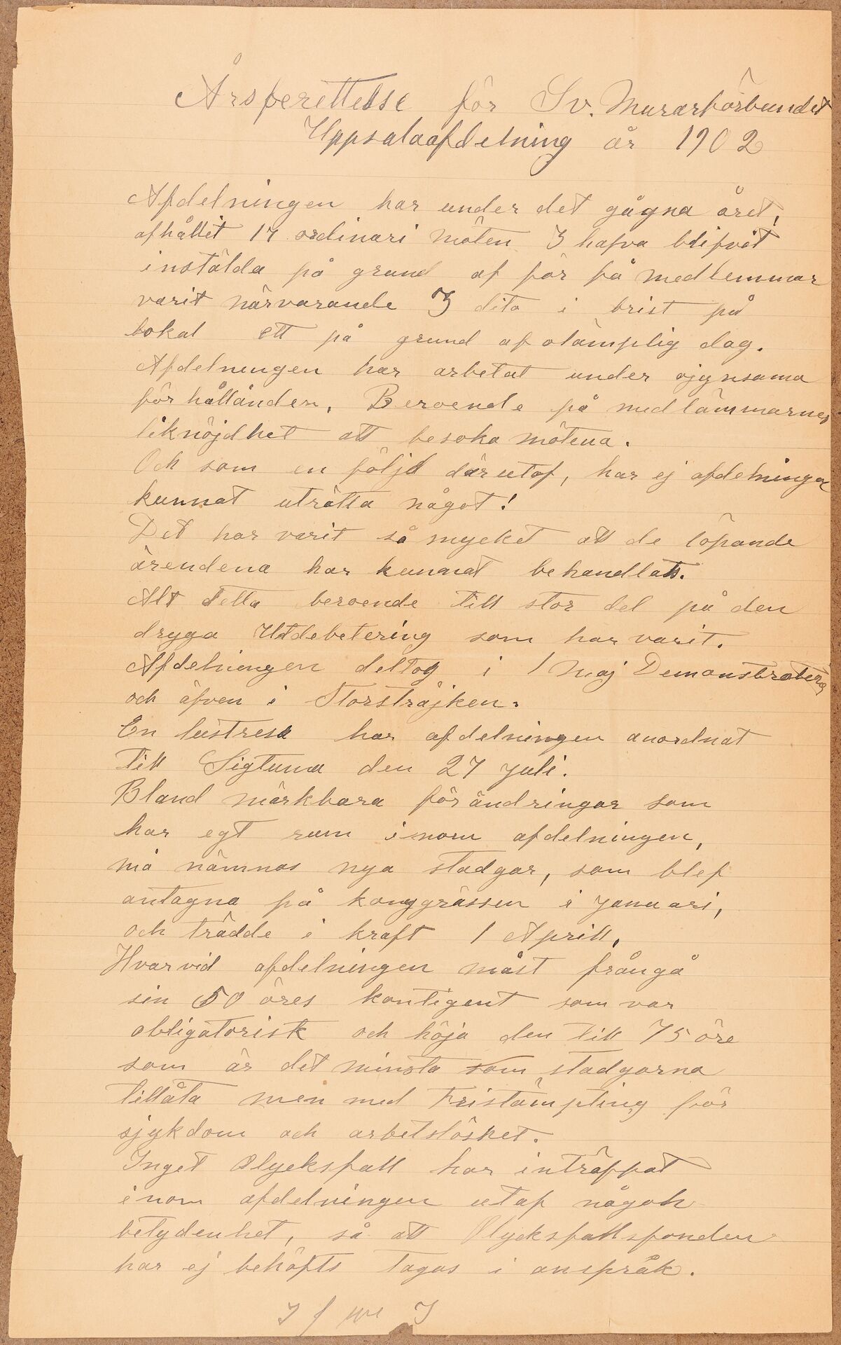 Byggnadsarbetareförbundet avd 025 (Murarna) Uppsala - annual report (1902)