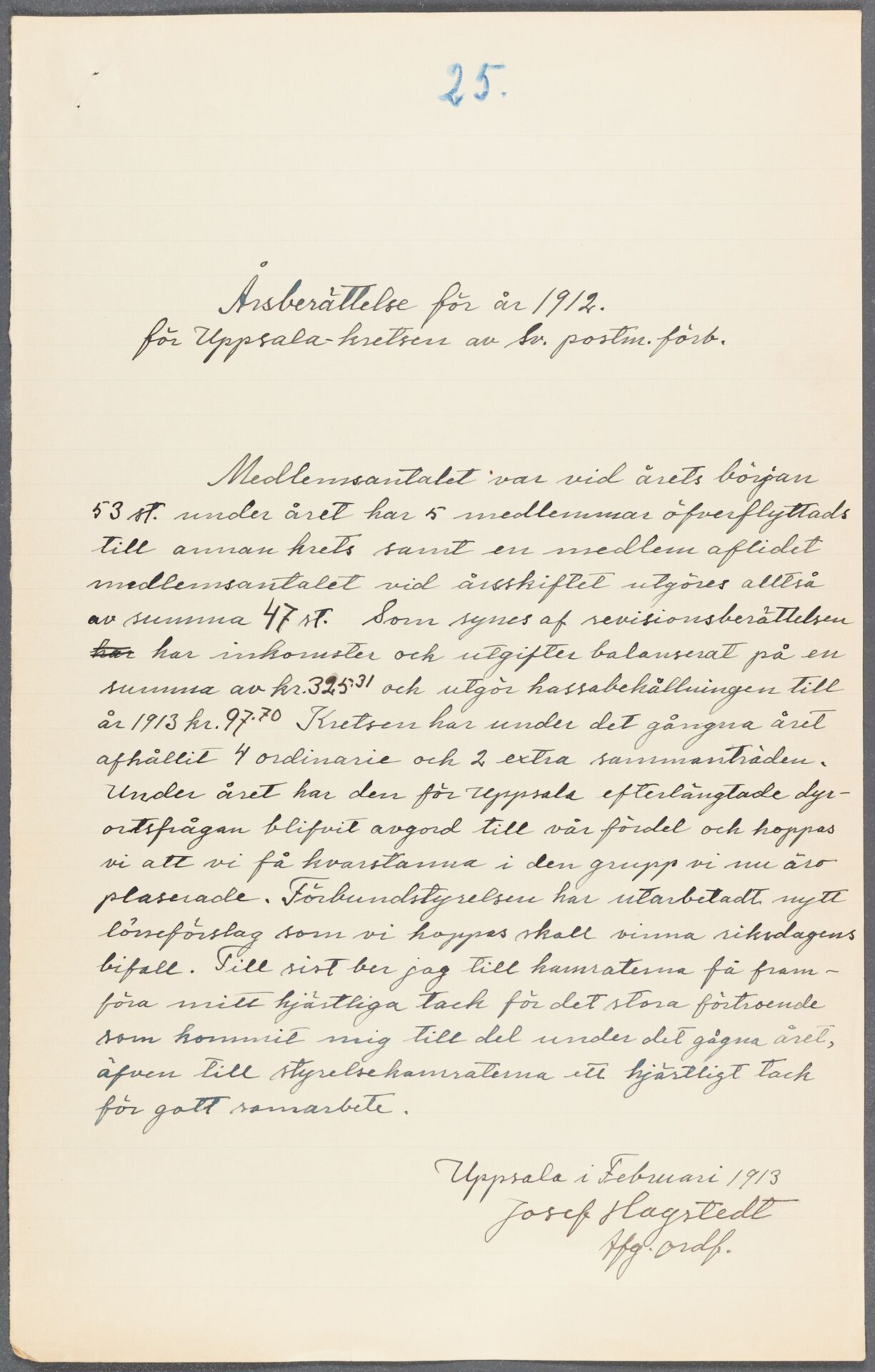 Postmannaförbundet avd 015 Uppsala - annual report (1912)