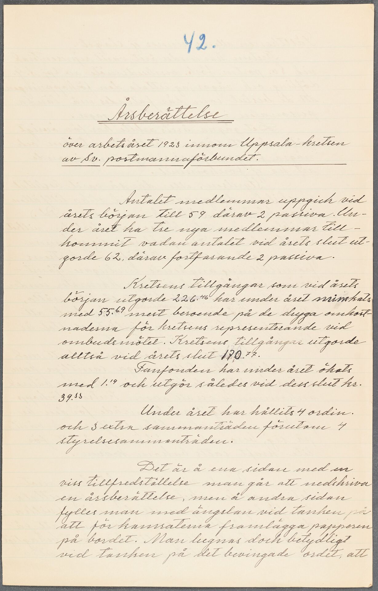 Postmannaförbundet avd 015 Uppsala - annual report (1923)