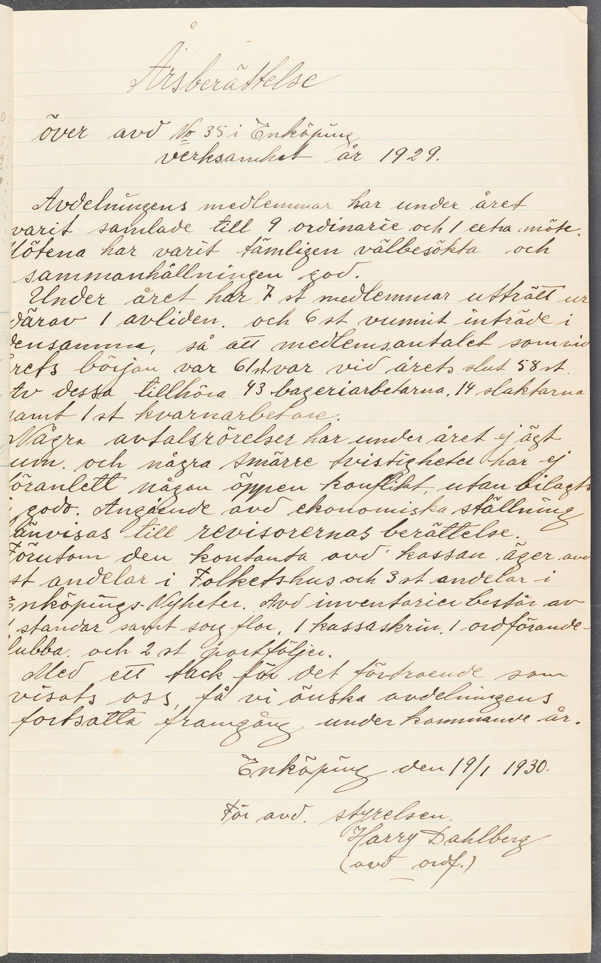 Livsmedelsarbetareförbundet avd 035 Enköping - annual report (1929)