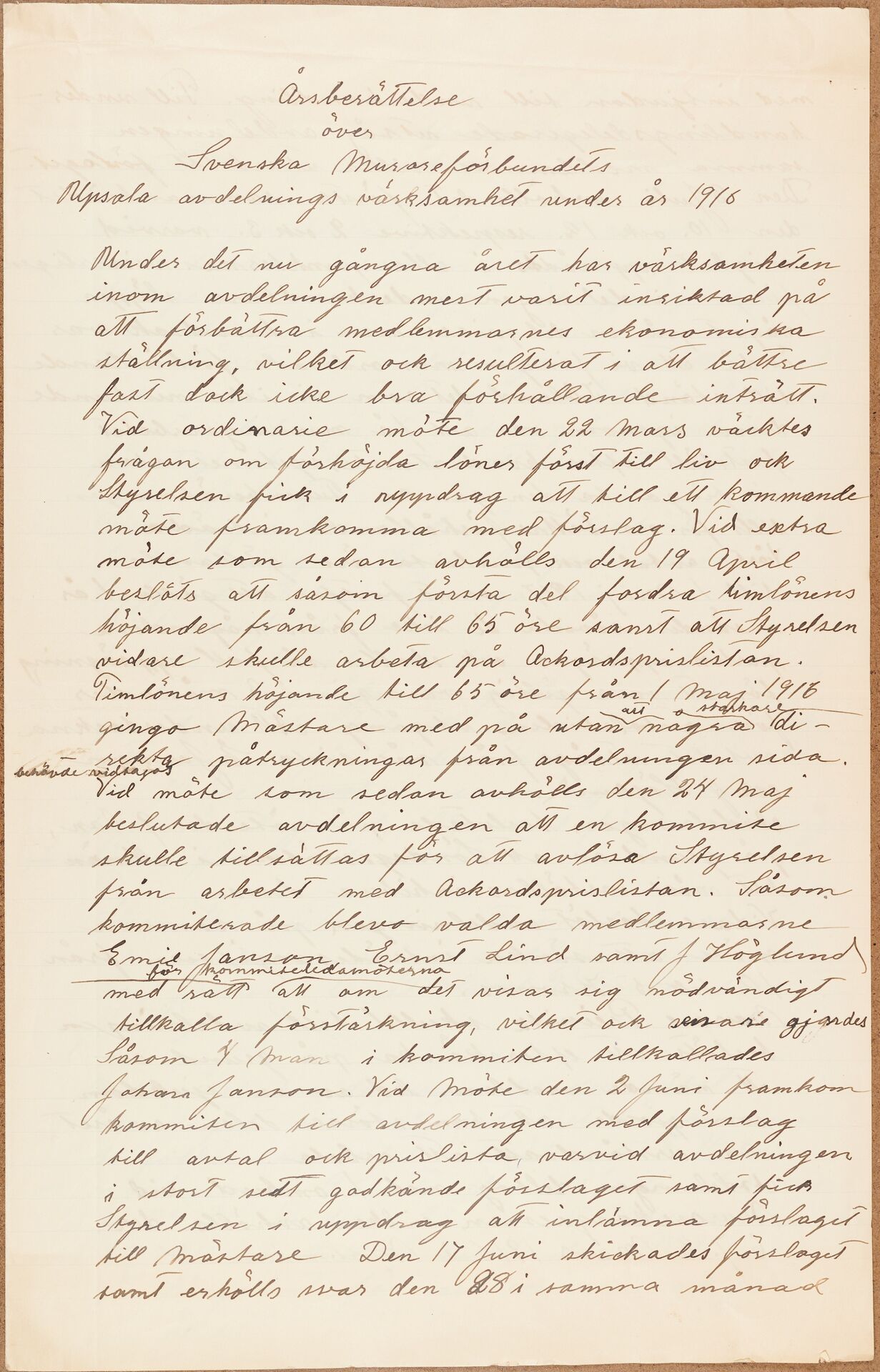 Byggnadsarbetareförbundet avd 025 (Murarna) Uppsala - annual report (1916)