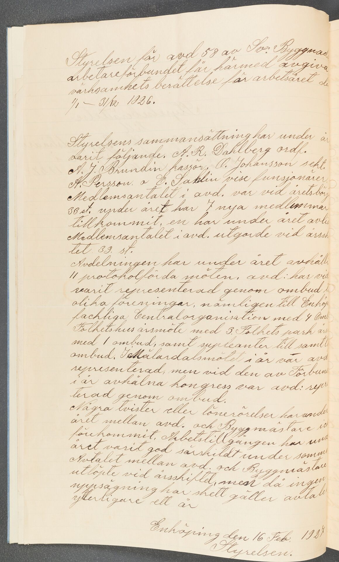 Byggnadsträarbetareförbundet avd 058 Enköping - annual report (1926)