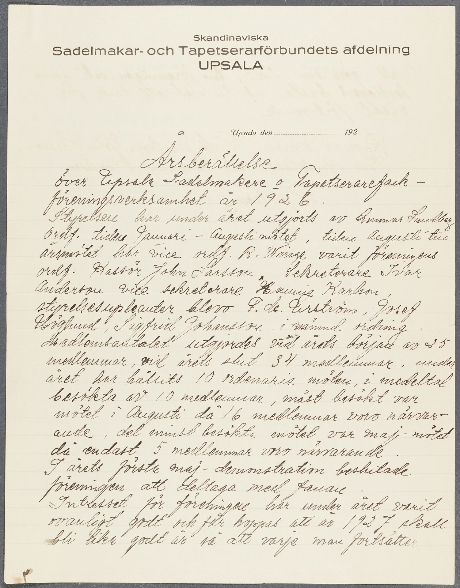 Sadelmakare- och Tapetserareförbundet avd 007 Uppsala - annual report (1926)