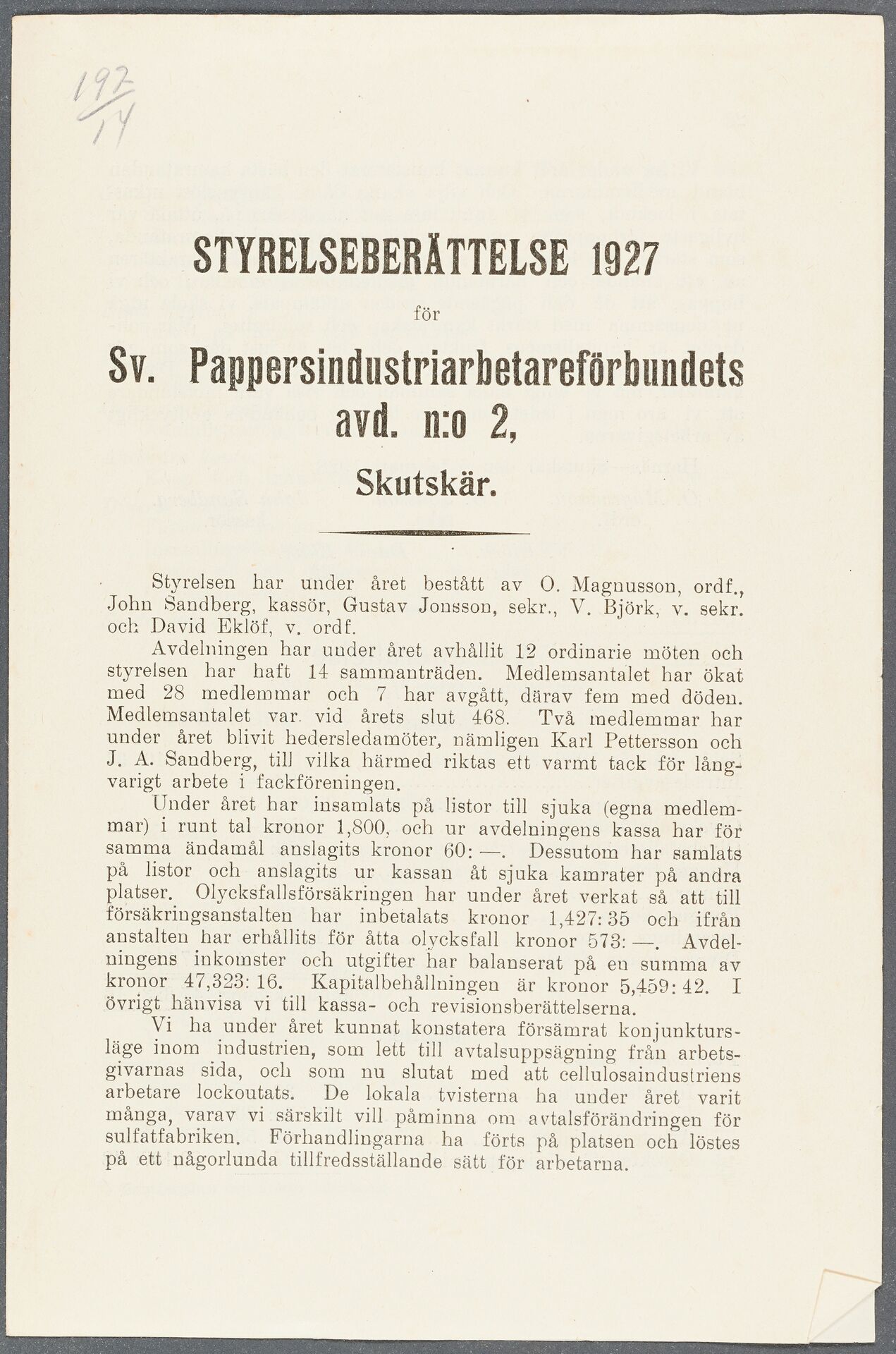 Pappersindustriarbetareförbundet avd 002 Skutskär - annual report (1927)