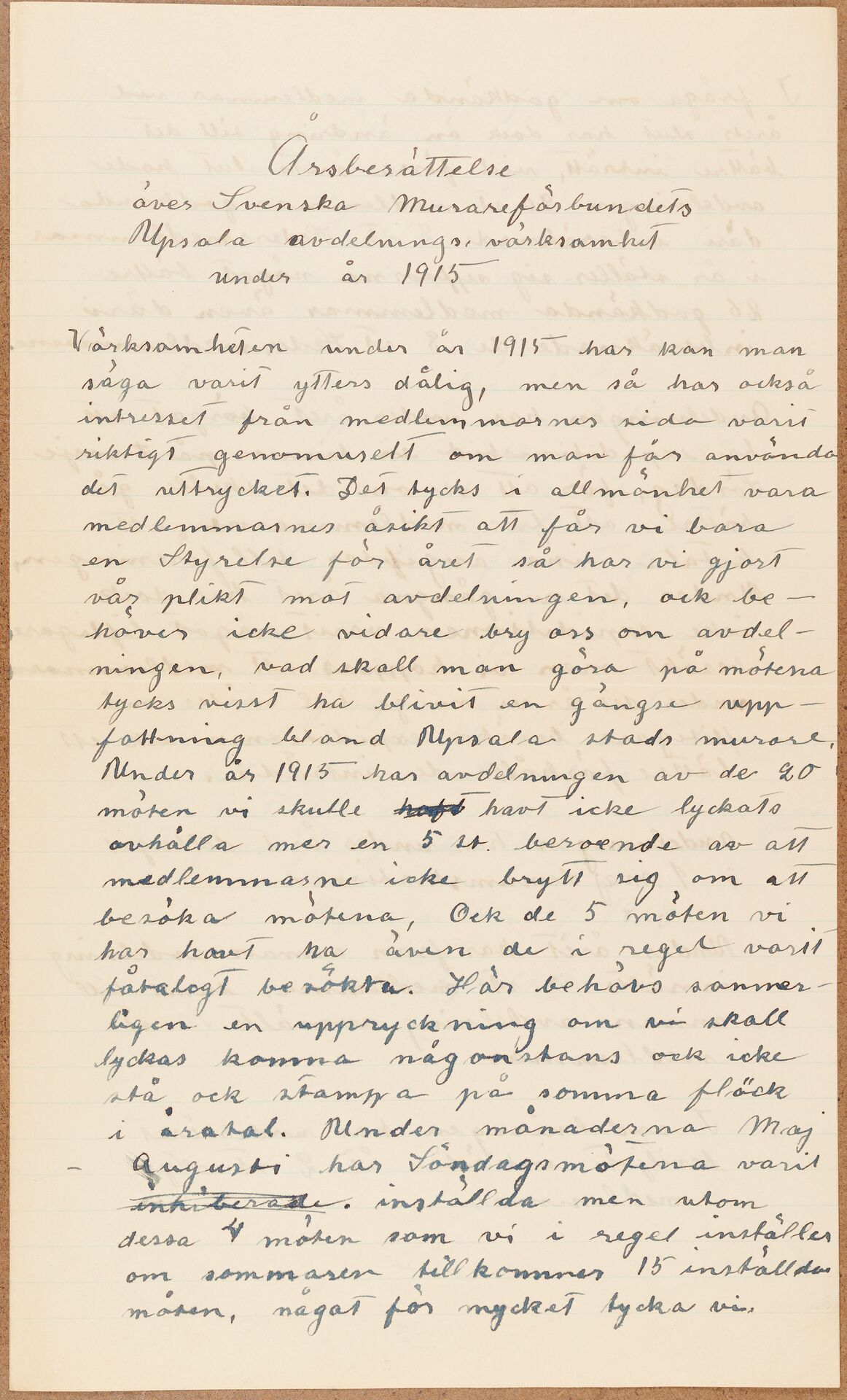 Byggnadsarbetareförbundet avd 025 (Murarna) Uppsala - annual report (1915)